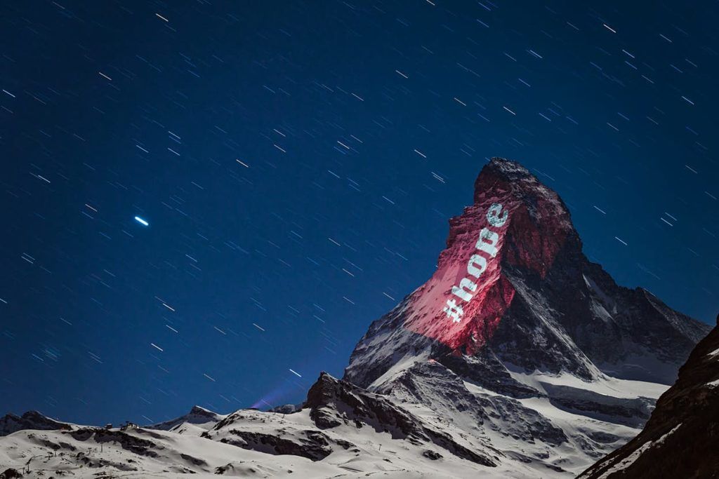 The Matterhorn in Switzerland lights up for hope