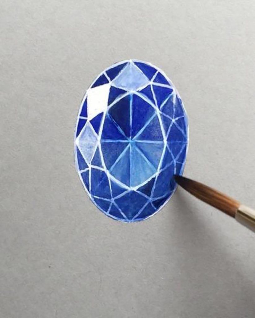 A gouache painting of an oval blue sapphire