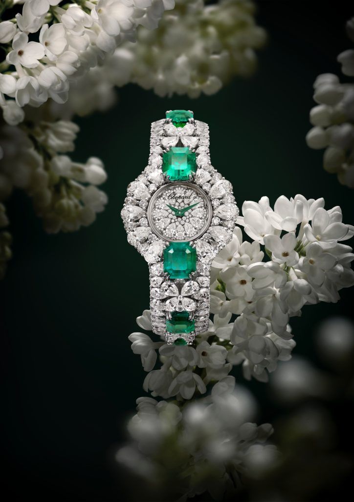 Chopard emerald and diamond high jewellery watch in the Red Carpet Collection