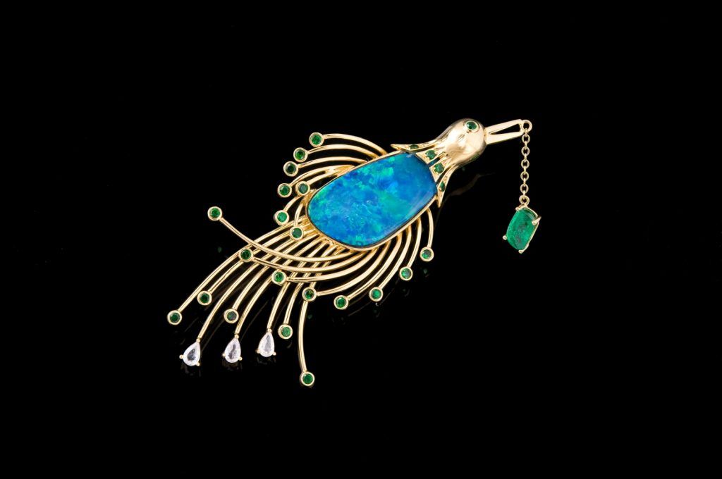An opal and emerald Kingfisher brooch