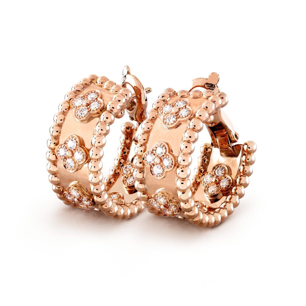 Perlée Clover Diamond Rose Gold Hoop Earrings 