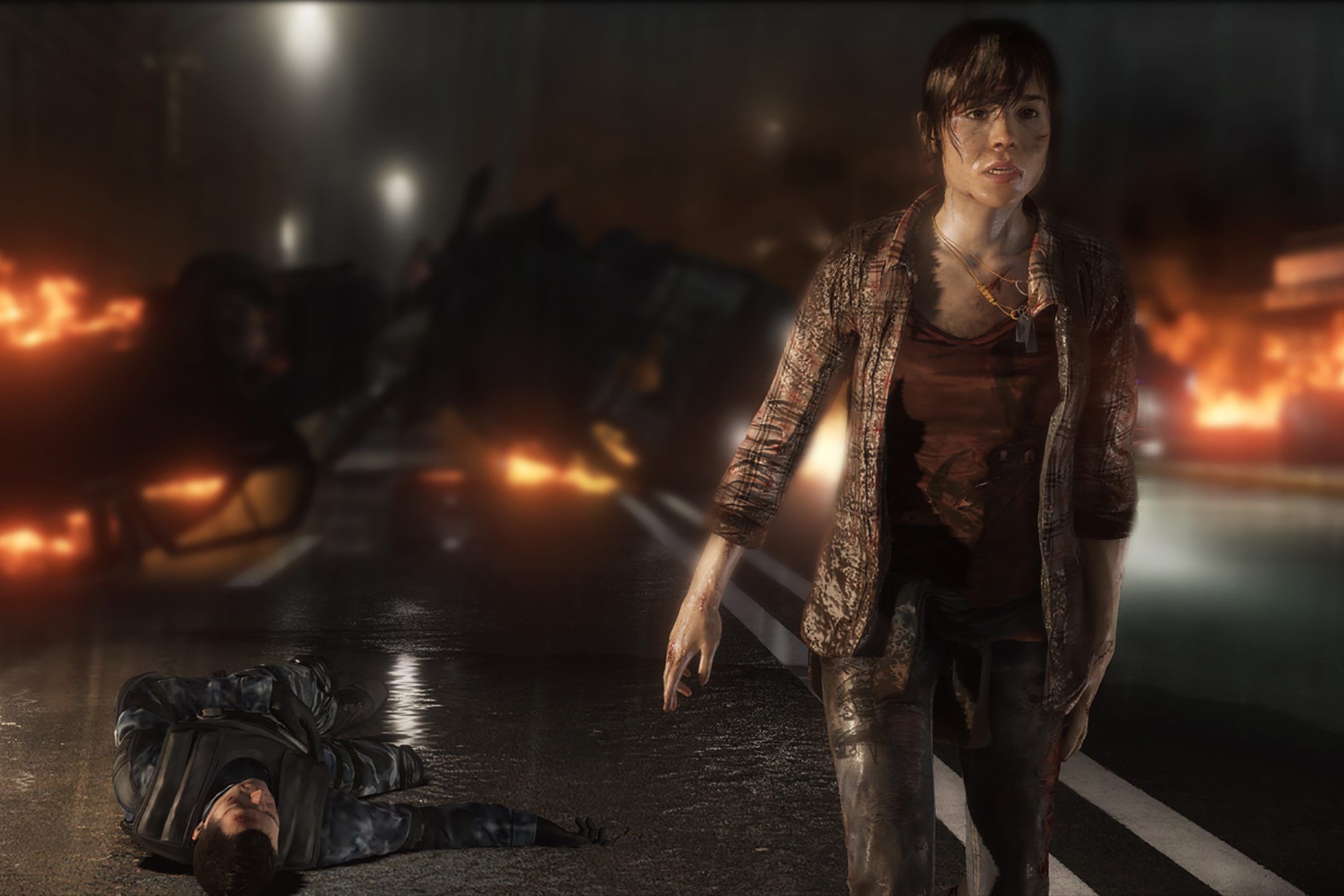 Beyond Two Souls character standing looking dishevelled, with a man lying in the background