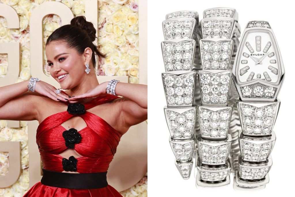 Selena Gomez wears the Bvlgari Serpenti high jewellery watch at the Golden Globes