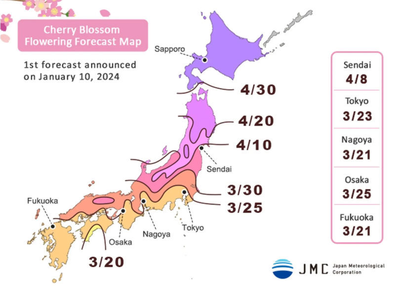 Japan Cherry Blossom map credit N-Kishou