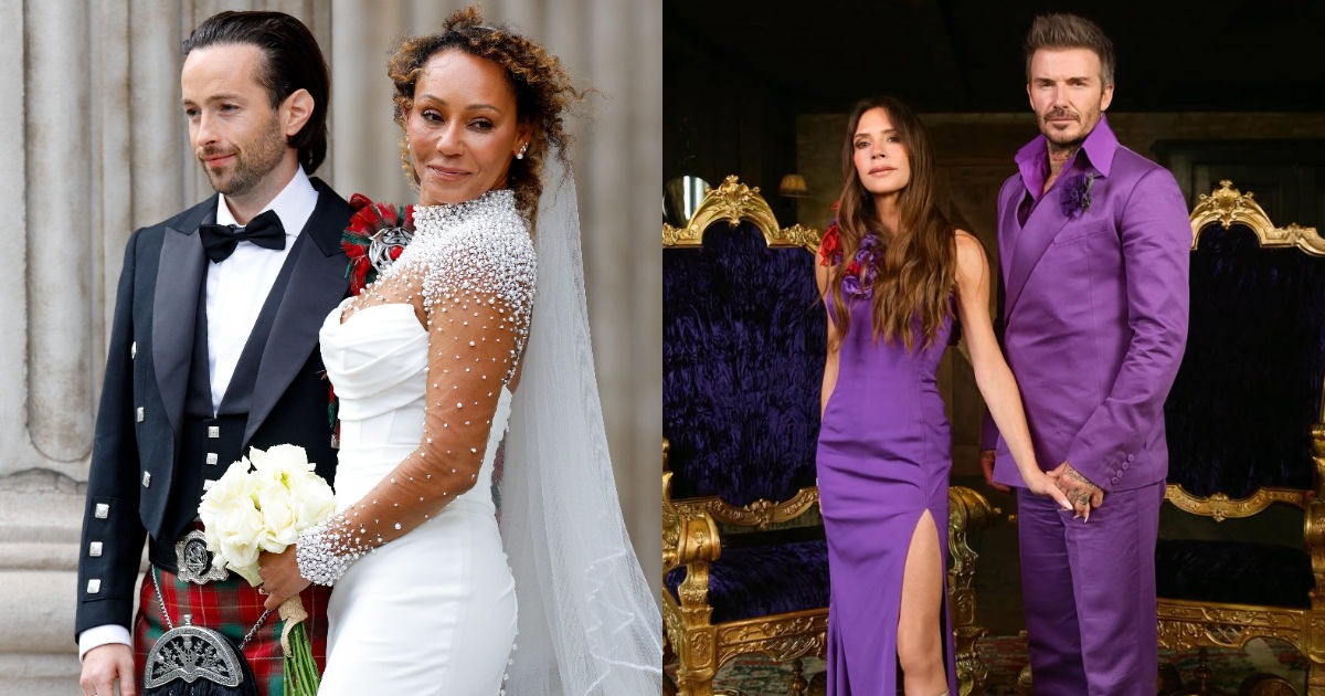 posh spice wedding dress purple Victoria and David Beckham recreate their wedding day photos 25 years later