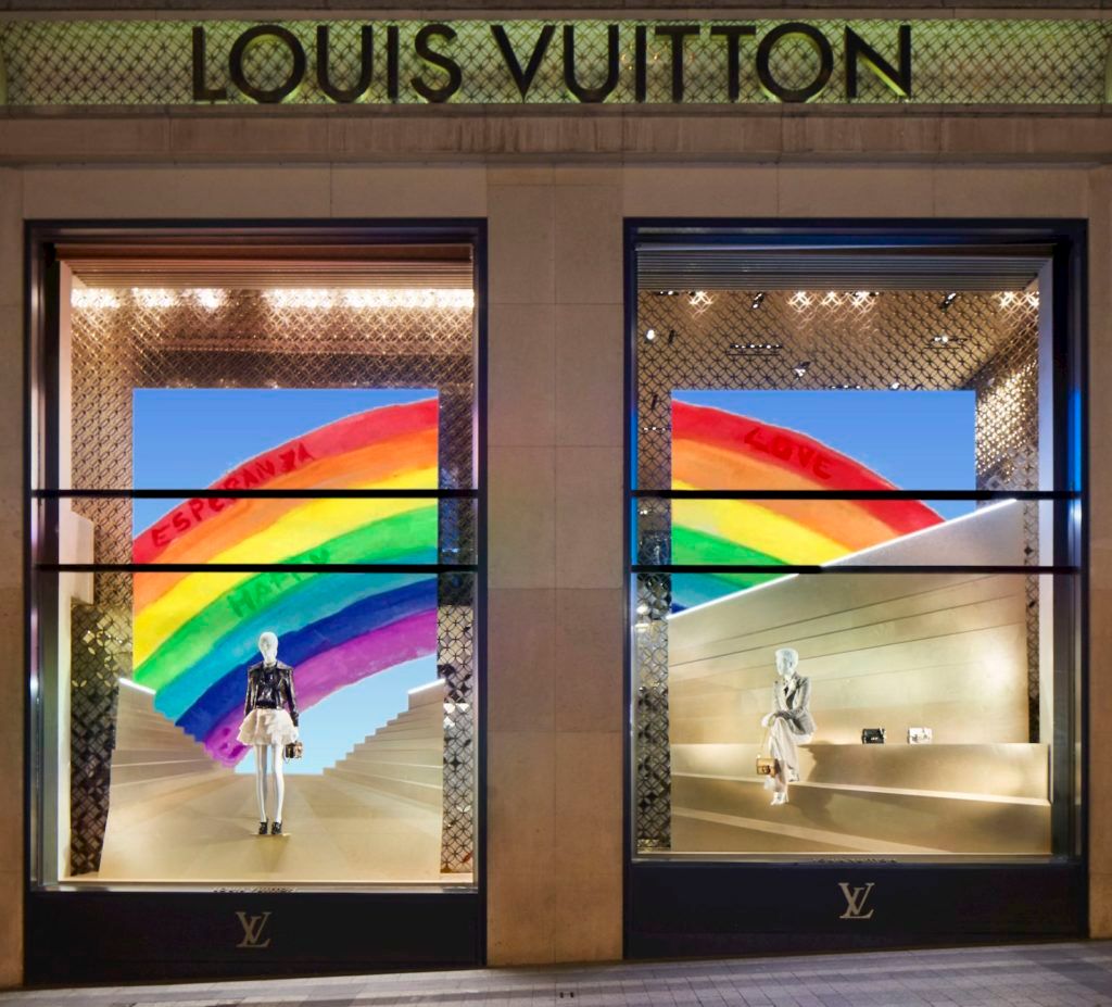 LV (Louis Vuitton), Colorful logo on display window of a Lo…