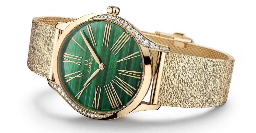 Malachite dials elevate the elegance and sophistication of Omega Trésor timepieces
