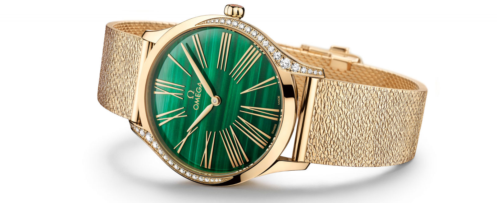 Malachite dials elevate the elegance and sophistication of Omega Trésor timepieces