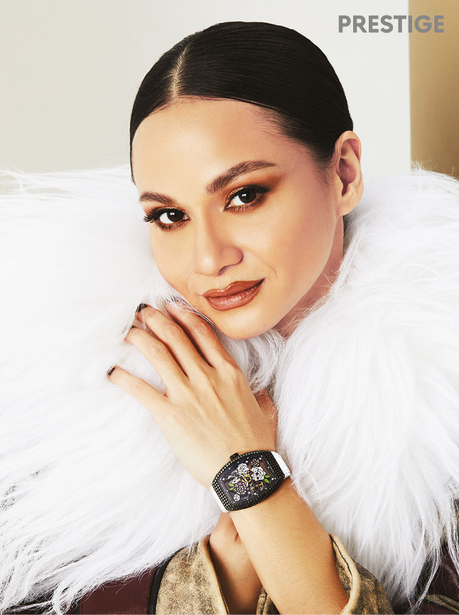 Cover star Sharifah Armani wears Franck Muller Vanguard Rose Skeleton Black Diamonds in white; (Outfit: Miu Miu)