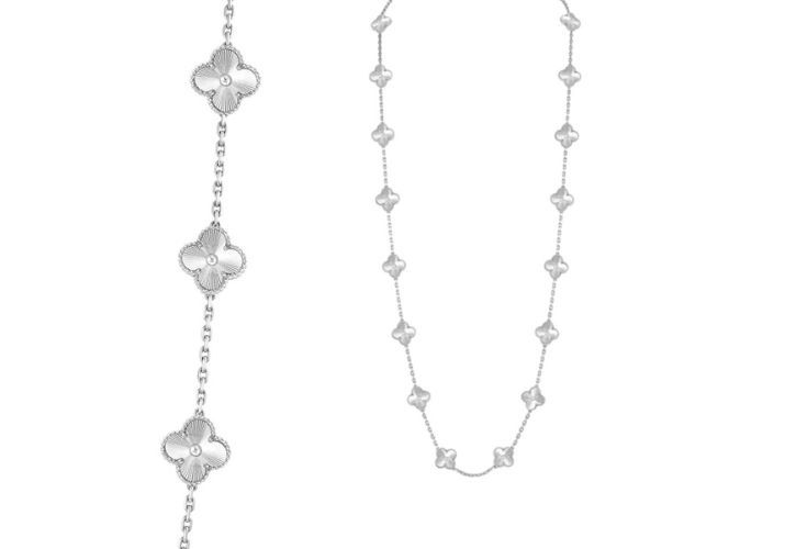 Alhambra white gold guilloché set, long necklace