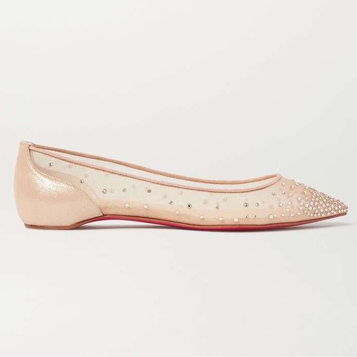 Christian Louboutin Follies Swarovski Crystal Embellished Mesh & Lamé Pointed Toe Flat Shoes