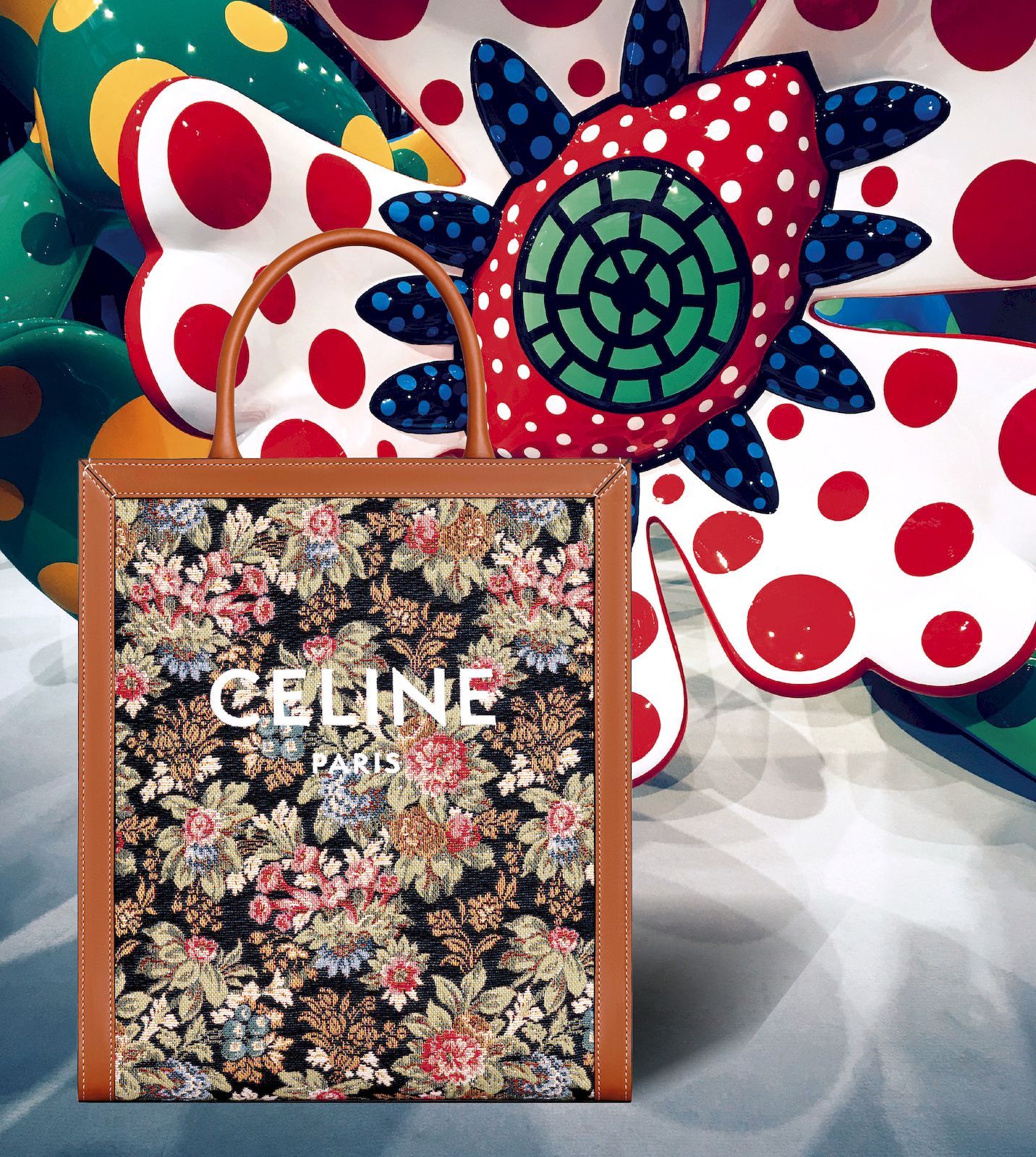 Celine Vertical Cabas Tote Floral Jacquard with Leather Small at