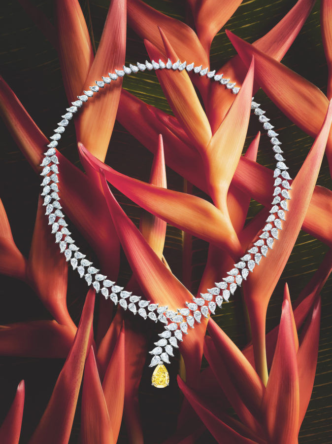 This creation from Piaget’s latest Wings of Light Collection evokes a tropical paradise