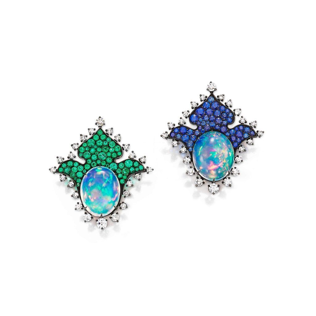 Pair of opal, sapphire, emerald and diamond earring clips by JAR (Image courtesy of Sotheby's)