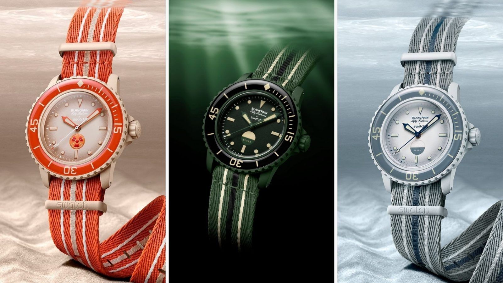 Every watch in the Blancpain x Swatch Fifty Fathoms collection