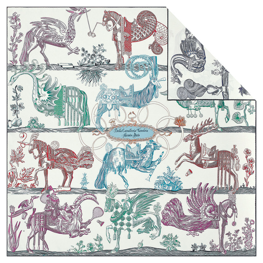 Hermes Scarf Guides - Tigre Royal Double Face 2022 Christiane Vauzelles  H903887S. In 1977, Christiane Vauzelles chose to showcase this majestic  feline surrounded by two golden palms. The noble creature takes center