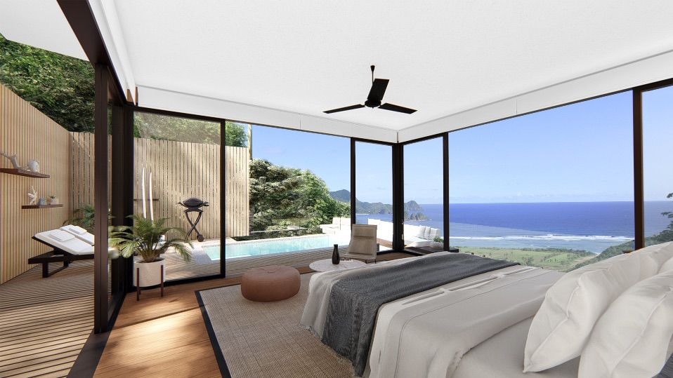 eco-friendly interior design of bedroom, capture sunlight and 360 of beach-view while you're laying down on bed.